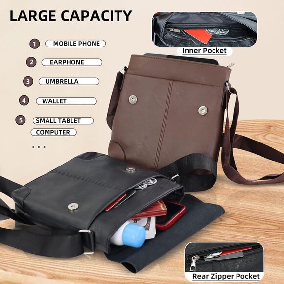 Brown Faux Leather Crossbody Bag for Men with 4 Pockets and Adjustable Strap - Picture 4 of 6